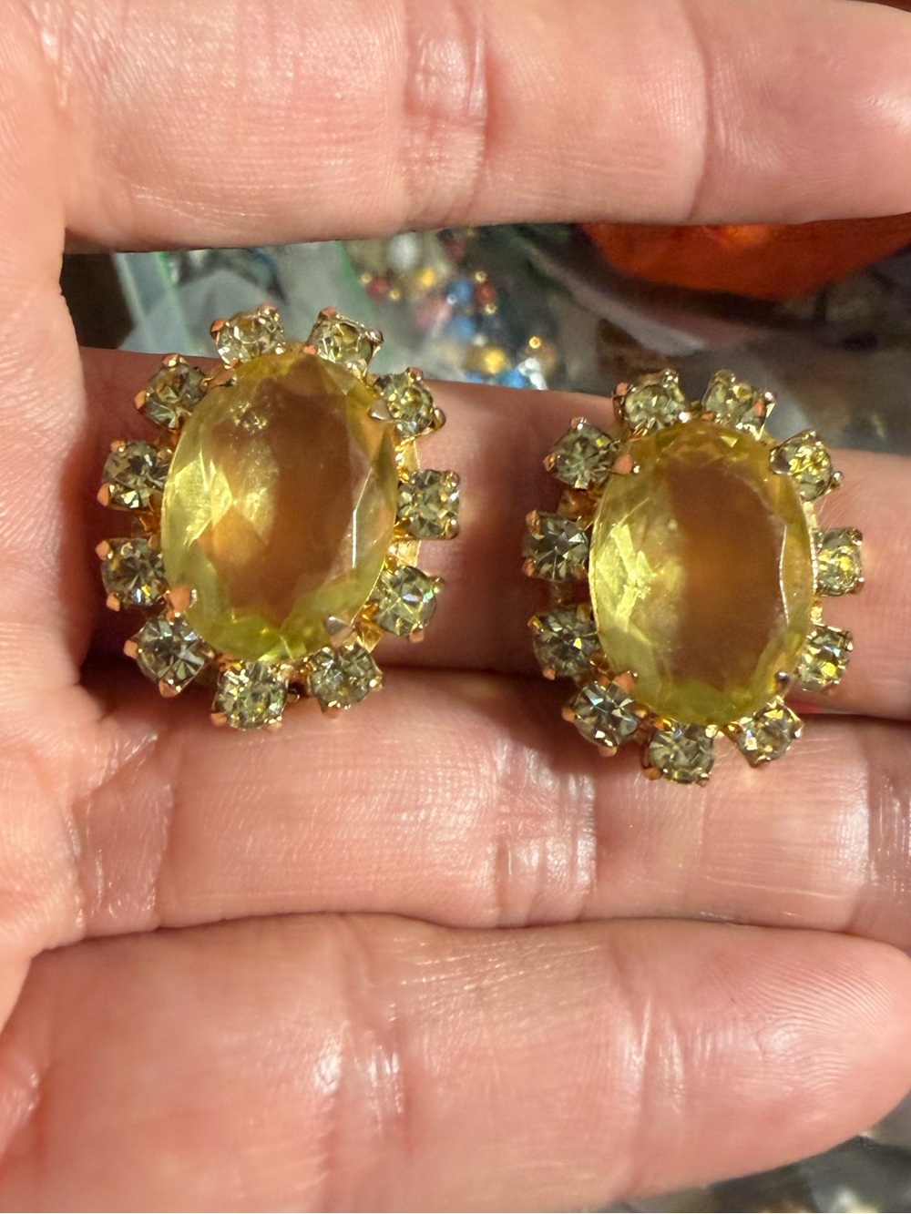 Vintage Gold Tone Yellow Oval Earrings